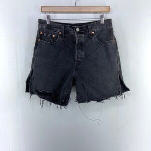 Levis 501 Black Denim Button Fly High Rise Cut Off Jean Shorts Womens 29